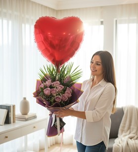 ithal lila gül buketi, Kayseri çiçekçi, kalp balonlu gül buk
