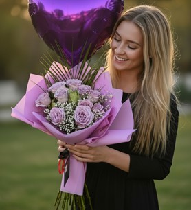 ithal lila gül, mor kalp balon, romantik çiçek
