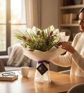 Mor lale buketi  İthal çiçek buketi  Taze lale aranjmanı
