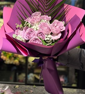 lila gül buketi, mor gül, 10 gül buketi