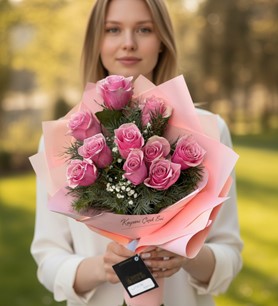 pembe gül buketi, 10 pembe gül, romantik çiçek