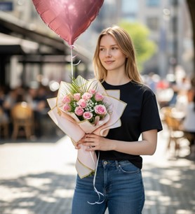 Pembe gül buketi  Kalp balon hediyesi  Romantik çiçek aranjm