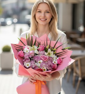 renkli gül buketi, lilyum buketi, anastasya çiçek