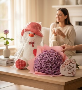 Lila gül hediye seti  Ayıcık ve çikolata paketi  Romantik sü