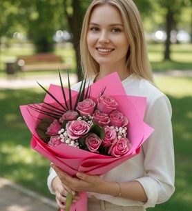 ithal pembe gül, pembe gül buketi, 11 gül buketi