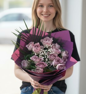 ithal lila gül, lila gül buketi, 15 gül buketi