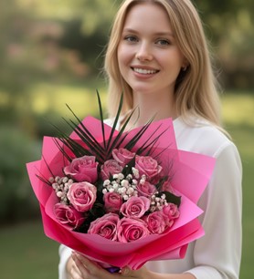 ithal pembe gül, pembe gül buketi, 15 gül buketi
