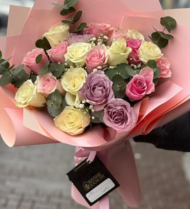 renkli gül buketi, toz pembe paket, 20 gül buketi