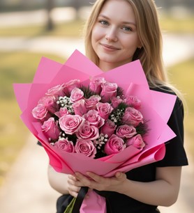 ithal pembe gül, pembe gül buketi, 25 gül buketi