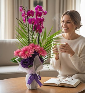 mor orkide aranjmanı, orkide hediyesi, kayseri çiçek evi