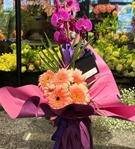 mor orkide, gerbera aranjmanı, mor çiçek