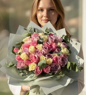 41 renkli gül, okaliptuslu buket, renkli gül buketi