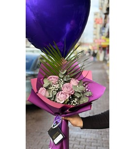 ithal lila gül, kalp balonlu buket, romantik çiçek