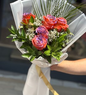 5 İthal Turuncu Mor Gül Buketi