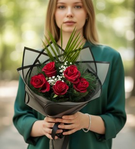 kırmızı gül buketi, siyah kağıt gül, romantik çiçek