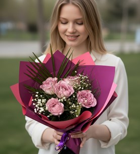 5 lila gül, mor paketli gül, Memory Lane gül siparişi, lila 