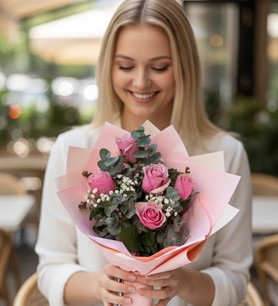 pembe gül buketi, 5 pembe gül, romantik çiçek