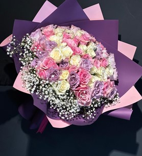 60 Gül Buketi Pembe Beyaz Lila