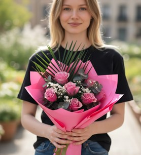 ithal pembe gül, pembe gül buketi, 7 gül buketi