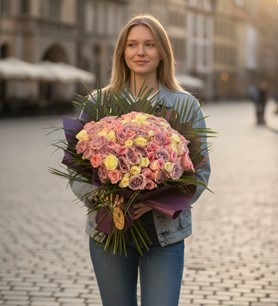 Renkli gül buketi  80 gül aranjmanı  Gösterişli çiçek hediye