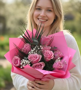 ithal pembe gül, pembe gül buketi, 9 gül buketi