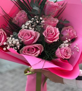 ithal pembe gül, pembe gül buketi, 9 gül buketi