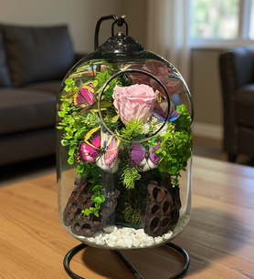 Pembe solmayan gül, askılı fanus çiçek, şoklanmış pembe gül 