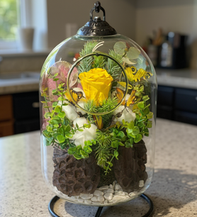 Sarı solmayan gül, askılı fanus çiçek, şoklanmış sarı gül fi