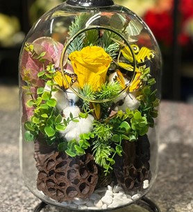 Sarı solmayan gül, askılı fanus çiçek, şoklanmış sarı gül fi