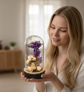 mor sonsuzluk gülü, ledli hediye, ayıcıklı aranjman