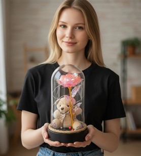 sonsuzluk gülü, ayıcıklı hediye, pembe gül aranjmanı