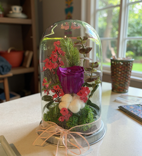 Mor solmayan gül, fanusta gül fiyat, şoklanmış mor gül, cam 