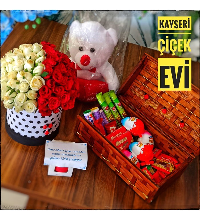 Vip Güller Ayıcık ve Çikolata Sandığı Kayseri Çiçek Evi