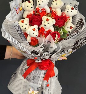ledli ayıcık buketi, siyah paket buket, romantik çiçek hediy