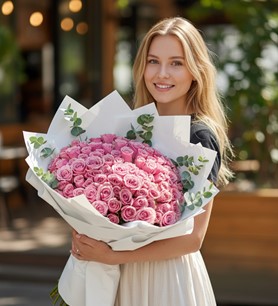 ithal pembe gül, 101 pembe gül, beyaz paket gül