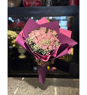 lila gül buketi, sade mor paket, 20 lila gül