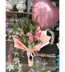 ithal pembe gül, gül buketi, kalp balon