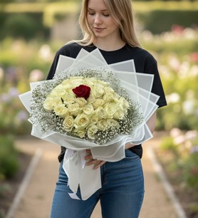 ithal gül buketi, beyaz kırmızı gül, aşk buketi Kayseri