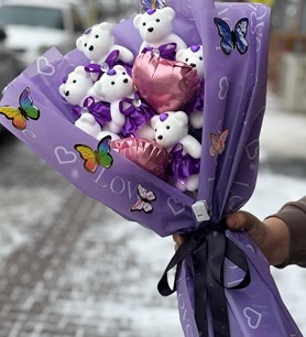 Ledli Ayıcık Buketi Mor Paket | Işıltılı ve Kalıcı Hediye