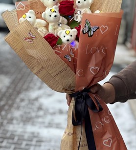 Turuncu buket, LED ayıcık hediye, neşeli çiçek 🌼