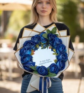 mavi aynalı buket, ledli çiçek aranjmanı, özel hediye