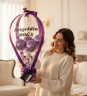 mor balon kutusu, isimli hediye kutusu, Kayseri çiçekçi