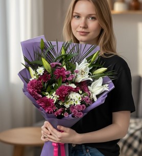 lilyum papatya buketi, mor çiçek buketi, Kayseri çiçekçi