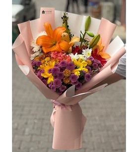 renkli çiçek buketi, lilyum papatya, gerbera buketi