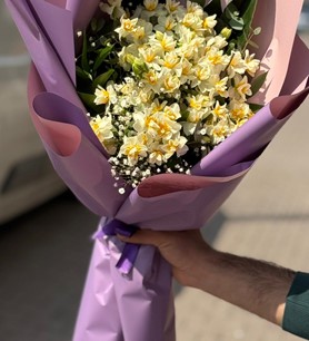 nergis buketi, 25 dal nergis, lila mor paket