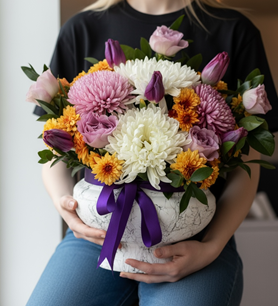 lila gül aranjmanı, lale çiçek, krizanten vazo