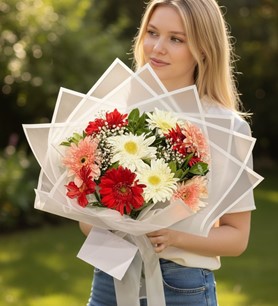 renkli gerbera buketi, canlı çiçek Kayseri, gerbera aranjman