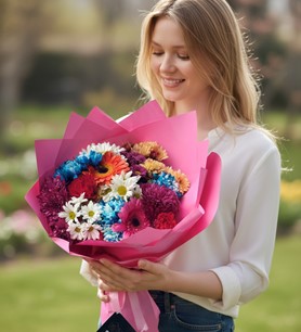 Pembe kağıtta çiçek, renkli mevsim buketi, 12 dal buket, pem