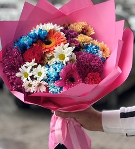 Pembe kağıtta çiçek, renkli mevsim buketi, 12 dal buket, pem