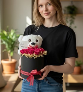 pembe gül aranjmanı, ayıcık buketi, silindir kutu çiçek, rom